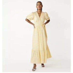 Draper James RSVP Linen Blend Striped Maxi Puff Sleeve Wrap Dress Yellow Size M